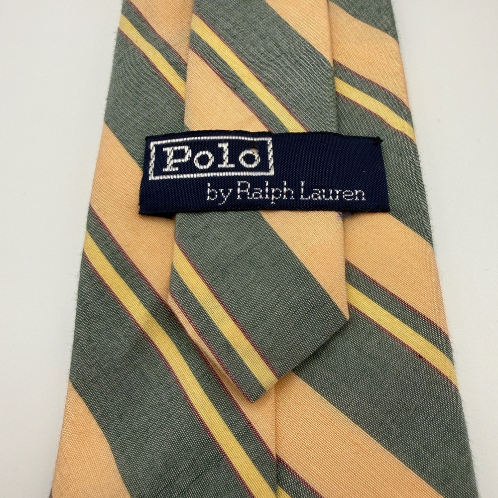 VINTAGE Polo Ralph Lauren Necktie Mens Green Striped Silk Hand Made Tie